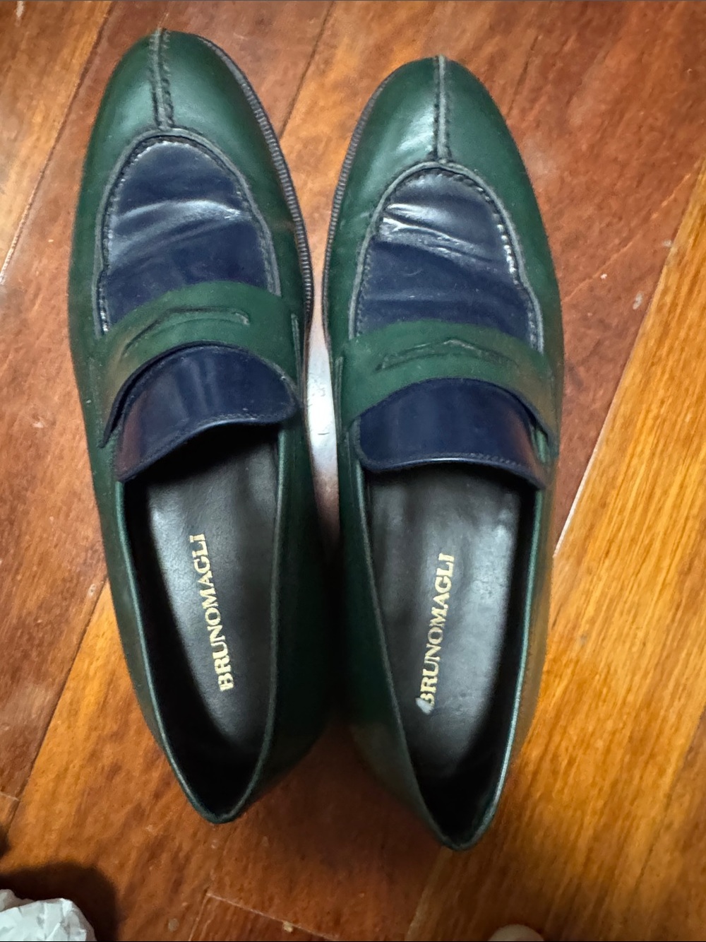 Bruno Magli Green and Navy Leather Penny Loafers